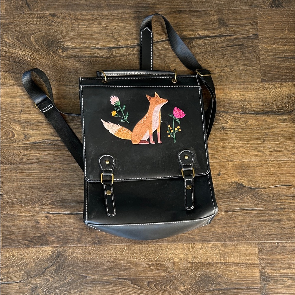 Princess Highway Black Backpack with Fox and Floral Design